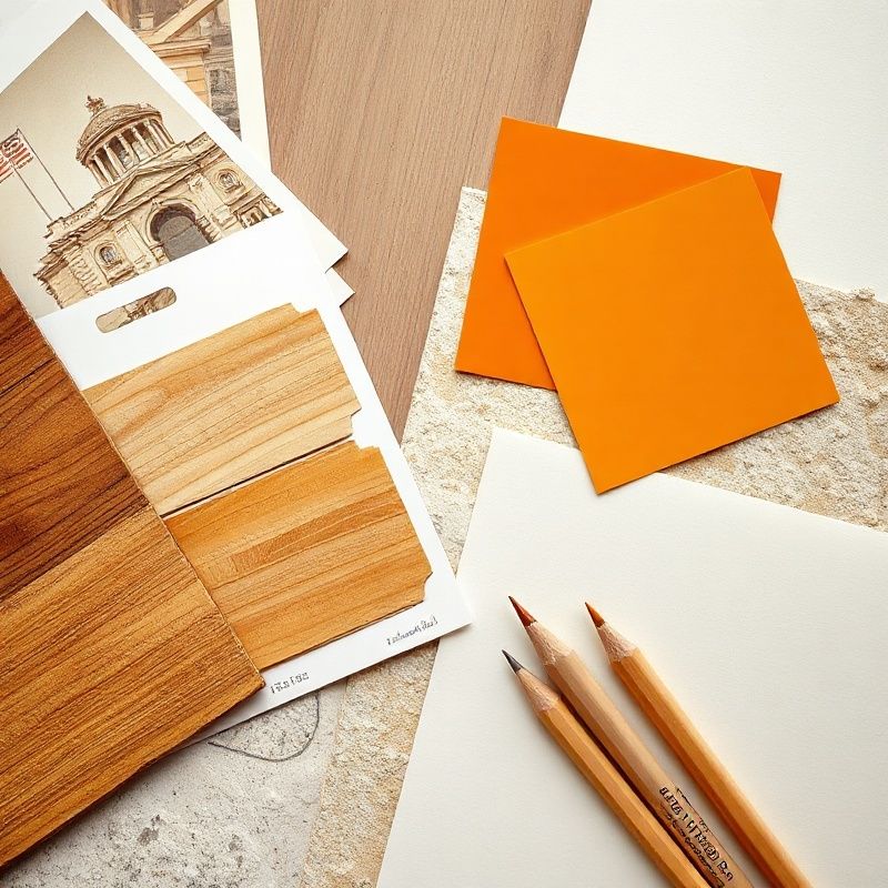 Échantillons de matériaux ambrés et croquis architecturaux