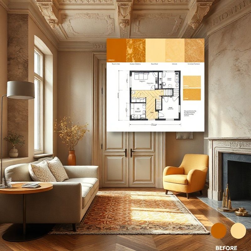 Planche d'ambiance design intérieur avec matériaux ambrés