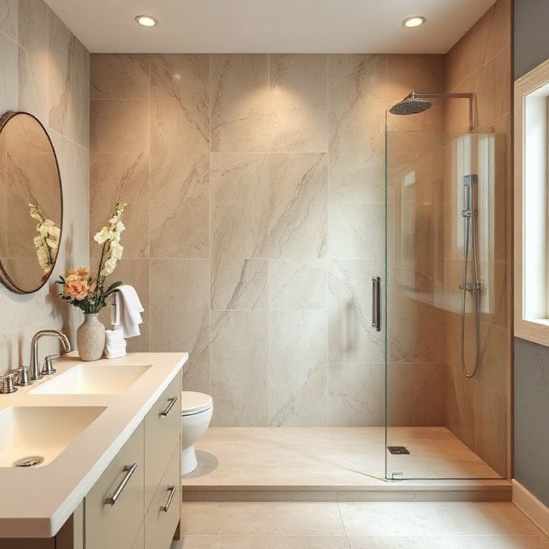 Salle de bain finie avec douche à l'italienne et carrelage ambre-beige