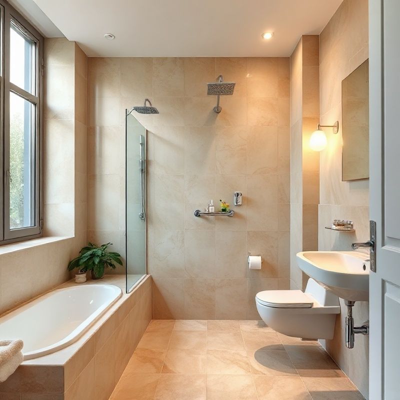 Salle de bain rénovée à Nice, carrelage grand format beige doré