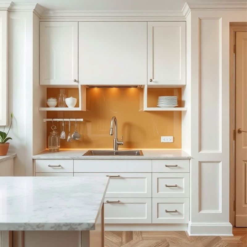 Cuisine finie avec plan de travail en quartz et crédence en verre ambré