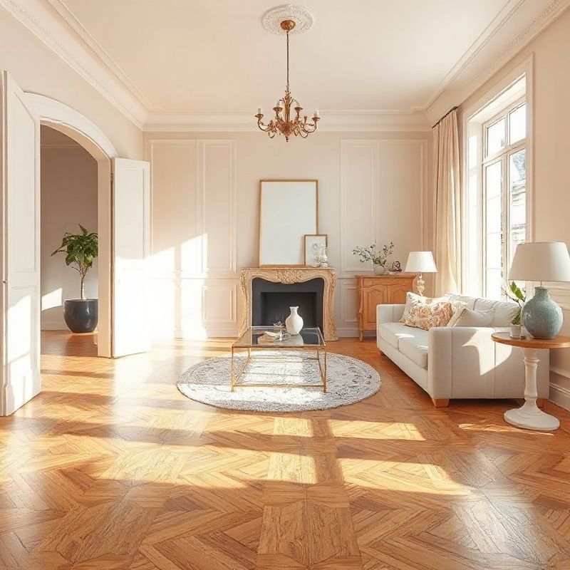Salon ambré rénové avec parquet et lumière douce
